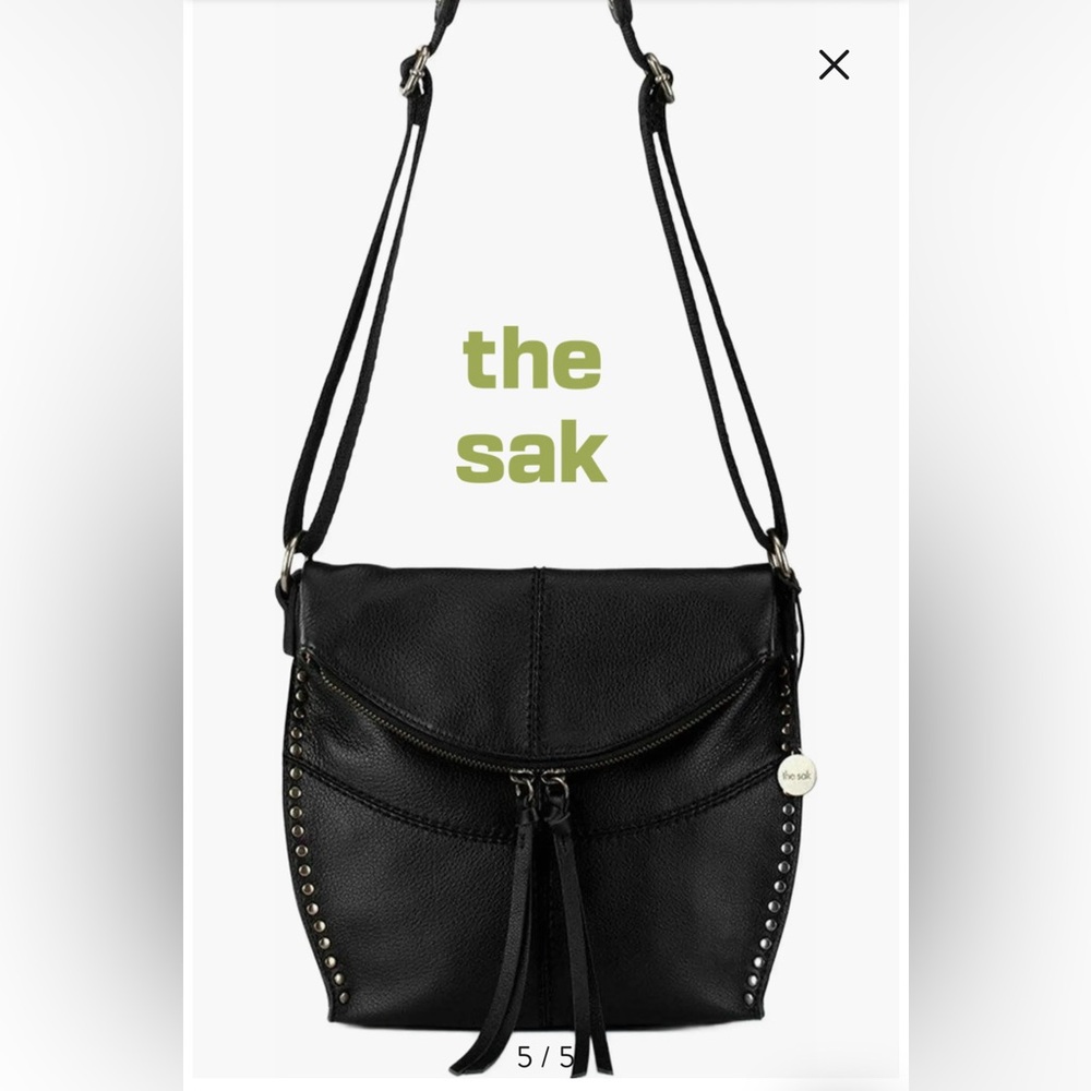 the sak Stylish Black Leather Crossbody Saddle Bag with Studded Detail